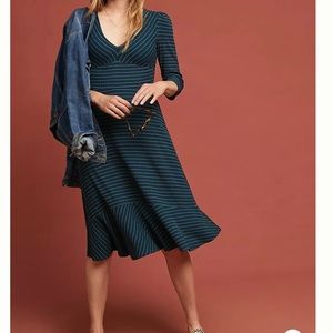 Anthropologie Navy and Green Striped Midi Dress